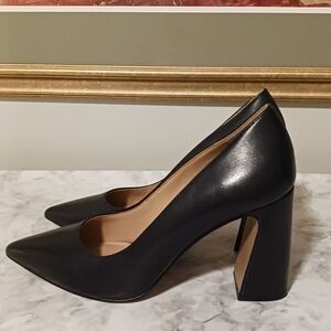 Vince Camuto Black Leather Block Heel Pumps
